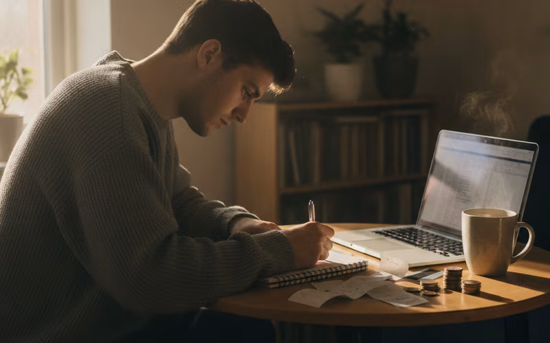 Young man budgeting at a kitchen table with notebook and laptop