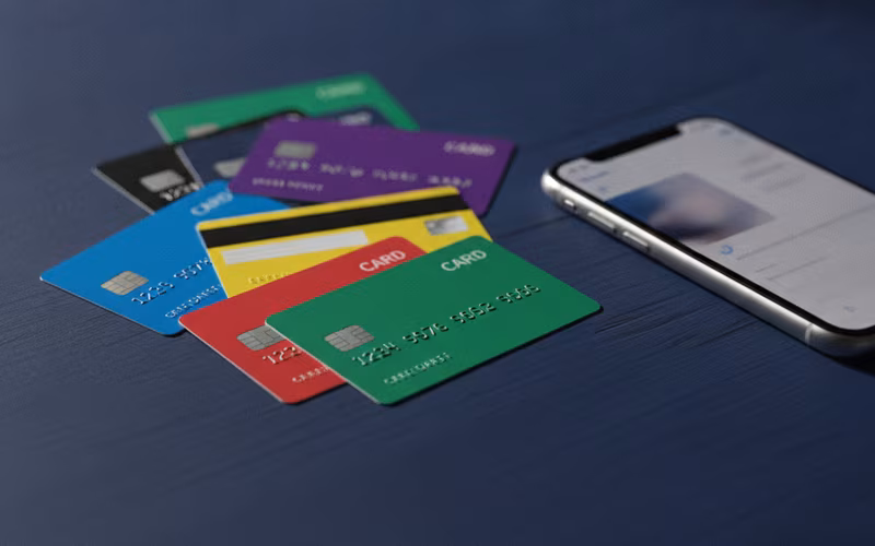 Bank cards scattered on a dark table next to a smartphone