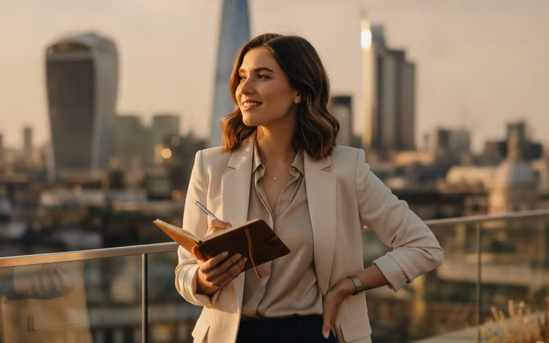 Young woman on a London rooftop at golden hour