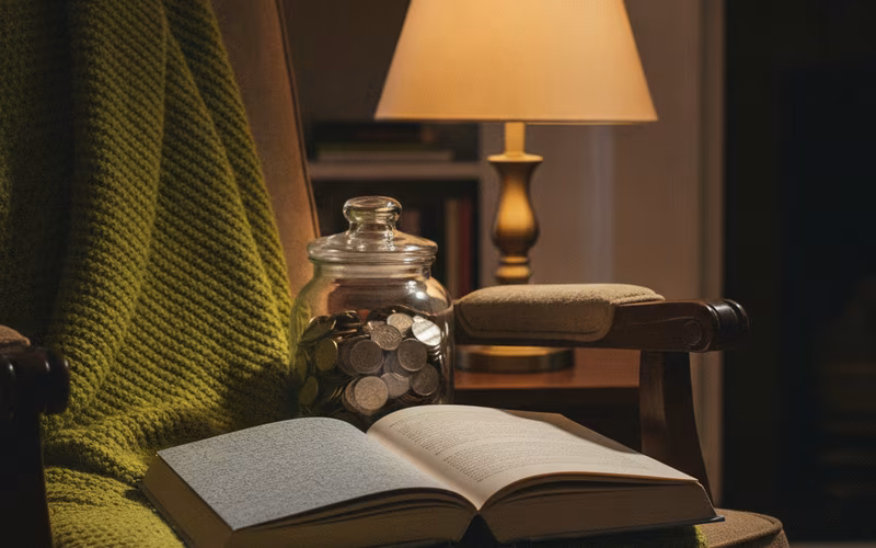 Hardcover book resting on an armchair beside a jar of coins