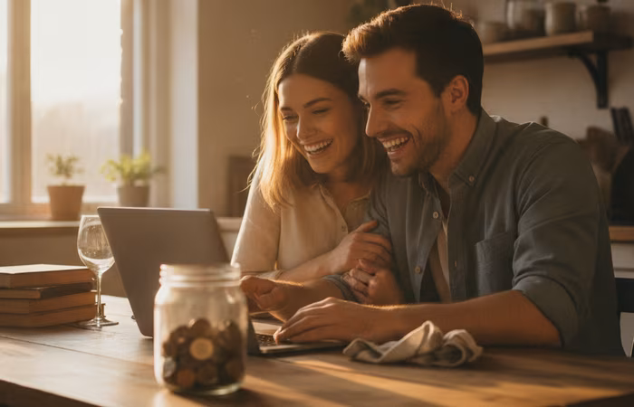 Young couple celebrating at a kitchen table with a laptop