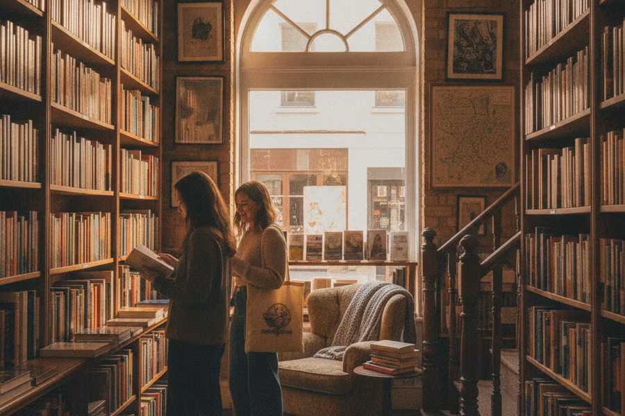Cosy independent bookshop interior with warm shelves and young readers browsing