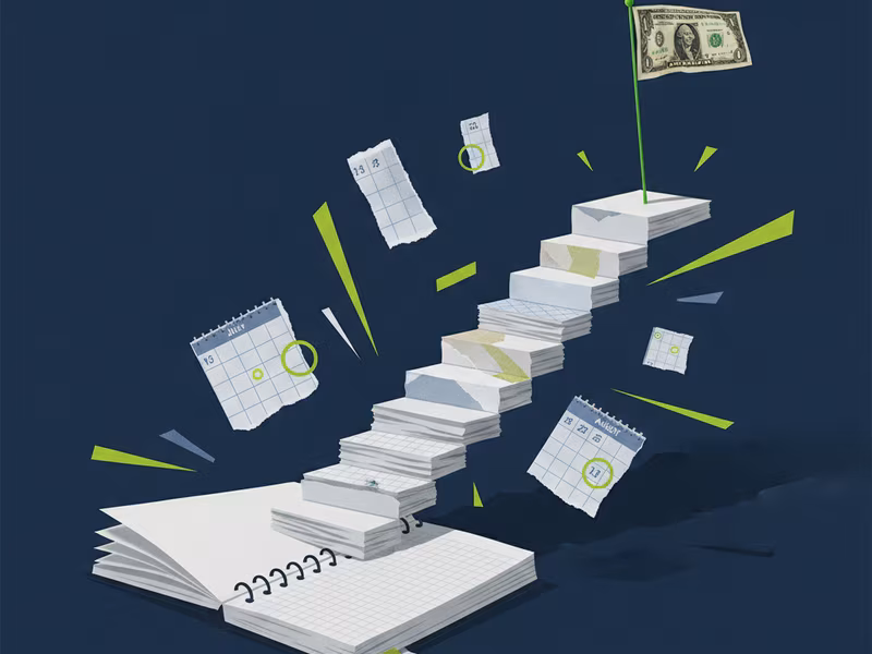 Collage of a notebook turning into a staircase of paper steps with a banknote flag on top