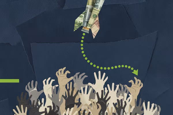 Collage of hands reaching for a banknote rocket that curves downward