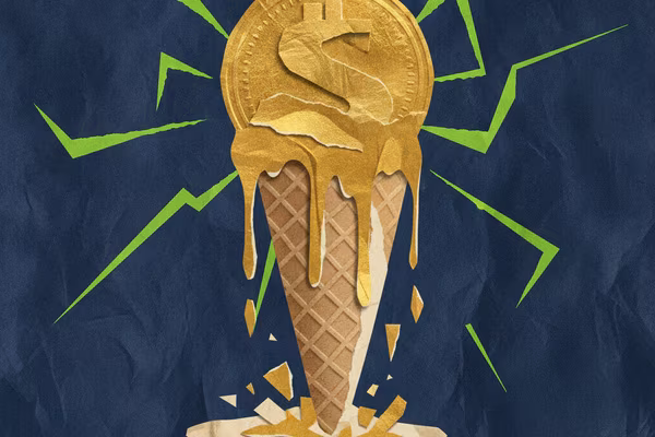 Collage of a coin melting away like an ice cream