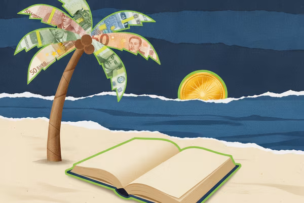 Collage of a deck chair made from an open book under a coin sun