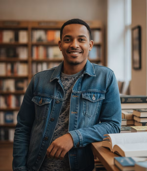 Jordan, community manager at ApexYield, leaning on a bookshop counter